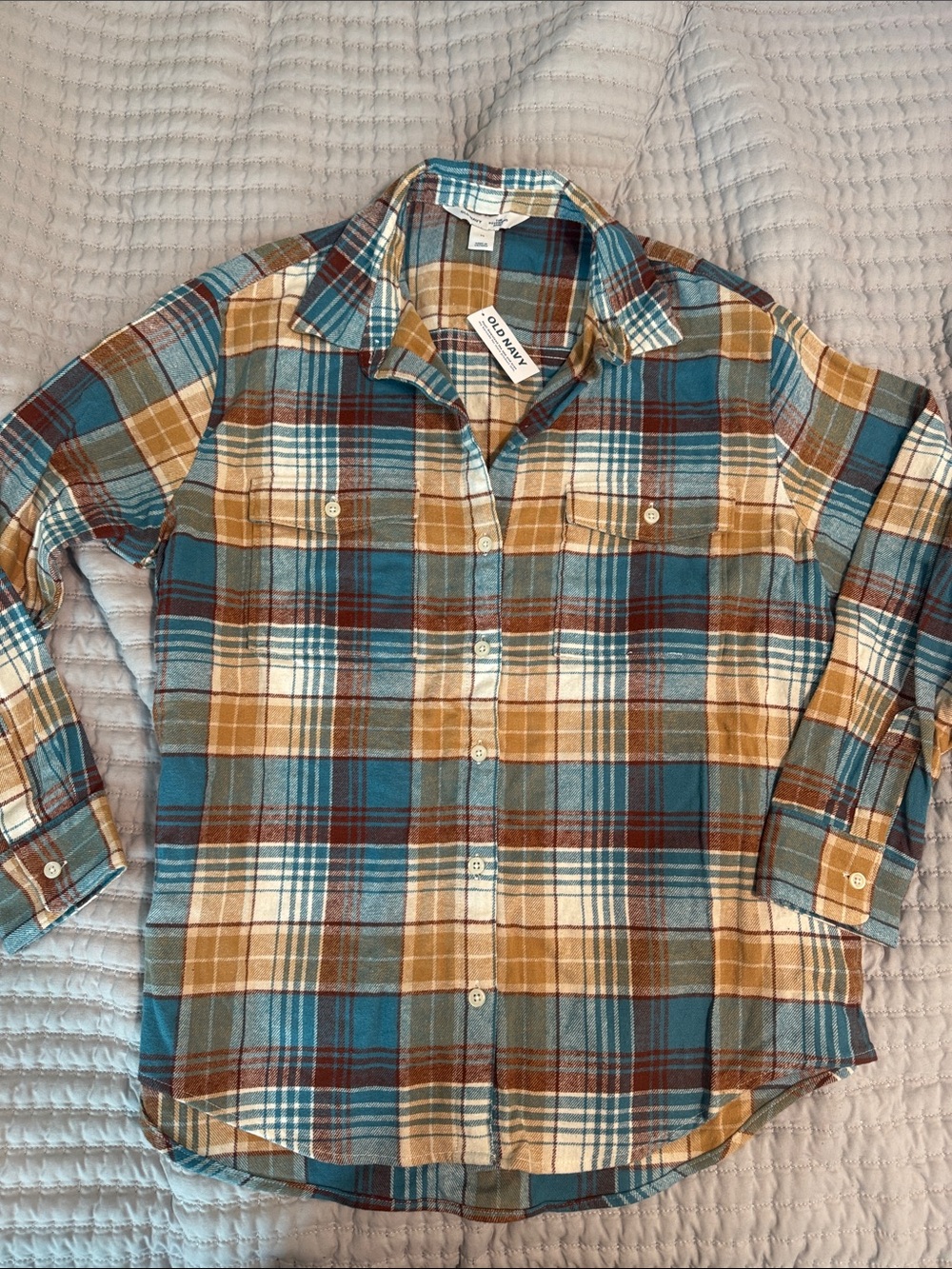 Old Navy Plaid Button-Down Shirt in Teal, Tan and Brown
